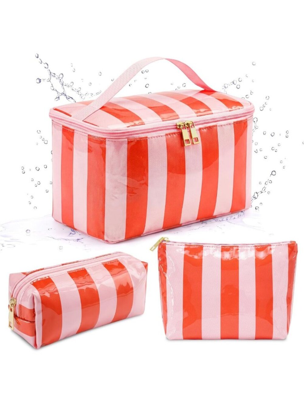 Set of 3 Waterproof Striped Makeup Bags - Pink & Orange Travel Organizers